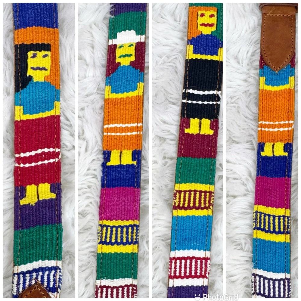 VINTAGE Leather Woven Rainbow‎ Textile Belt Size 42 Large XL Artsy Boho Womens
